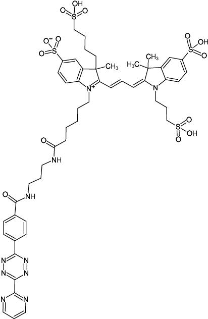 Structural formula of Pyrimidyl-Tetrazine-AF555 (Abs/Em = 555/572 nm, N-(3-Aminopropyl)-4-(6-(pyrimidin-2-yl)-1,2,4,5-tetrazin-3-yl)benzamid - AF555)