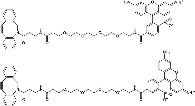 Structural formula of DBCO-PEG4-5/6-Carboxyrhodamine 110 (Abs/Em = 501/526 nm)