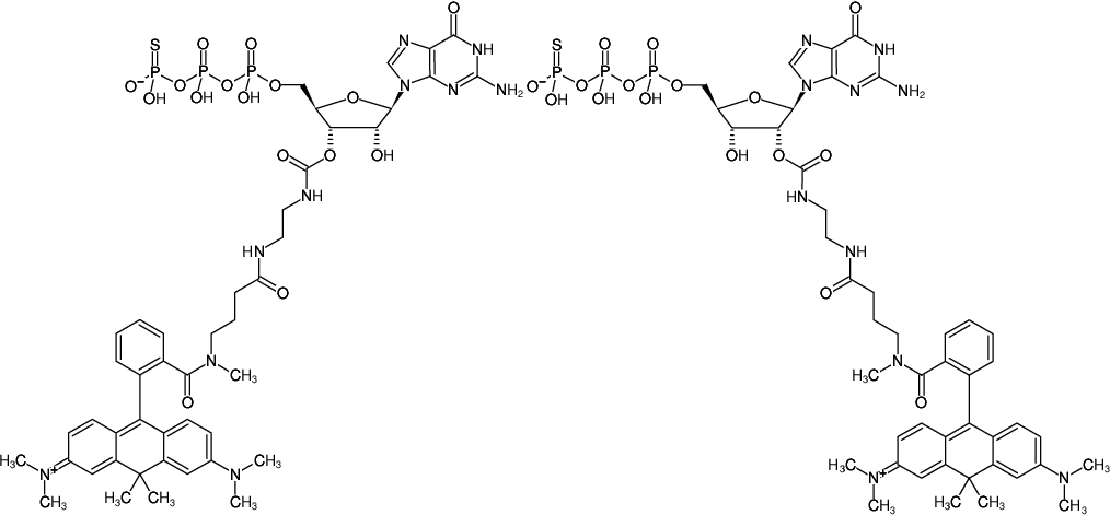 Structural formula of EDA-GTPγS-ATTO-620 (2'/3'-O-(2-Aminoethyl-carbamoyl)-guanosine-5'-(γ-thio)-triphosphate, labeled with ATTO 620, Triethylammonium salt)