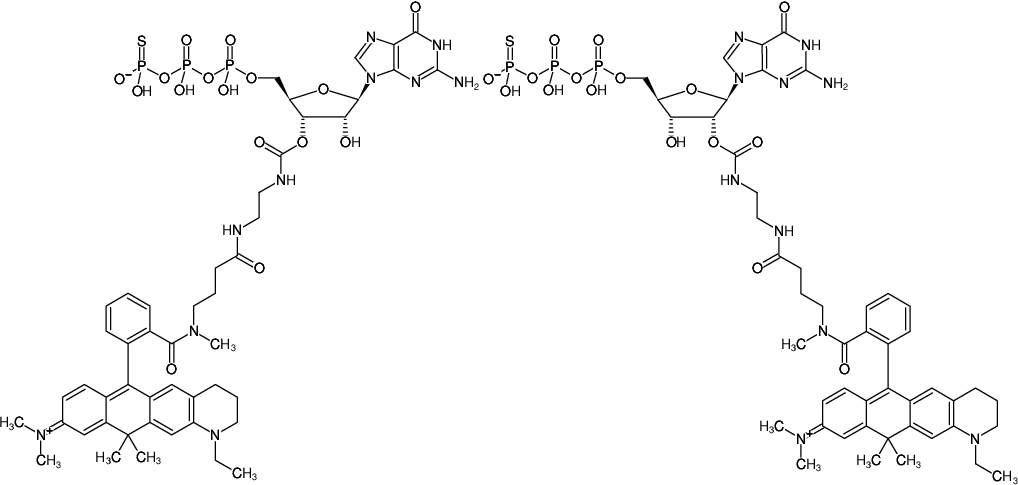 Structural formula of EDA-GTPγS-ATTO-633 (2'/3'-O-(2-Aminoethyl-carbamoyl)-guanosine-5'-(γ-thio)-triphosphate, labeled with ATTO 633, Triethylammonium salt)