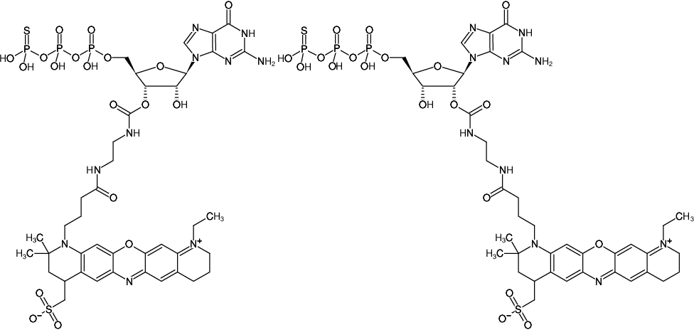 Structural formula of EDA-GTPγS-ATTO-655 (2'/3'-O-(2-Aminoethyl-carbamoyl)-guanosine-5'-(γ-thio)-triphosphate, labeled with ATTO 655, Triethylammonium salt)