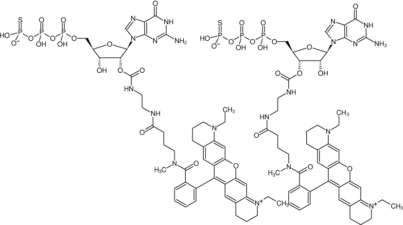 Structural formula of EDA-GTPγS-ATTO-Rho11 (2'/3'-O-(2-Aminoethyl-carbamoyl)-guanosine-5'-(γ-thio)-triphosphate, labeled with ATTO Rho11, Triethylammonium salt)