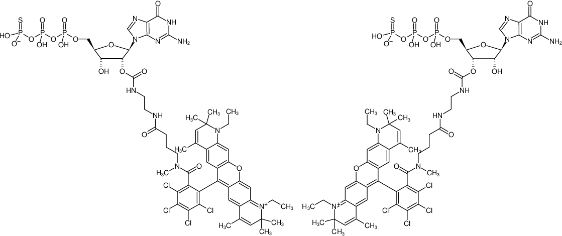 Structural formula of EDA-GTPγS-ATTO-Rho14 (2'/3'-O-(2-Aminoethyl-carbamoyl)-guanosine-5'-(γ-thio)-triphosphate, labeled with ATTO Rho14, Triethylammonium salt)