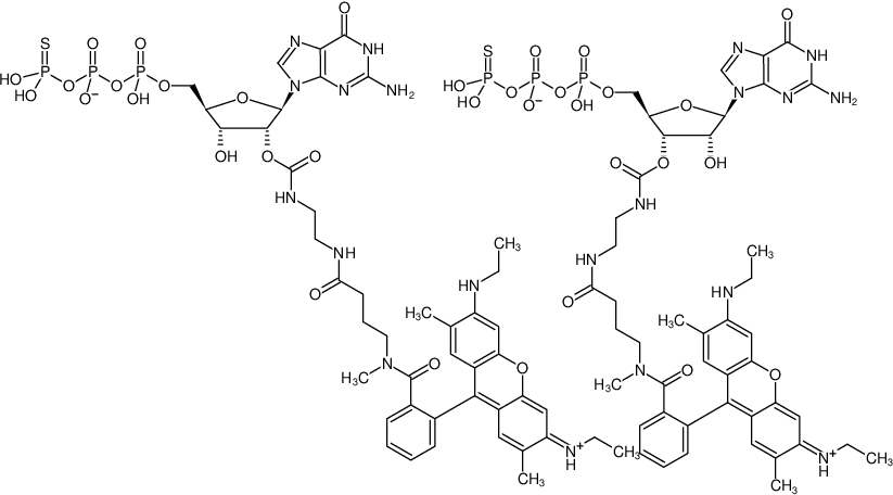 Structural formula of EDA-GTPγS-ATTO-Rho6G (2'/3'-O-(2-Aminoethyl-carbamoyl)-guanosine-5'-(γ-thio)-triphosphate, labeled with ATTO Rho6G, Triethylammonium salt)