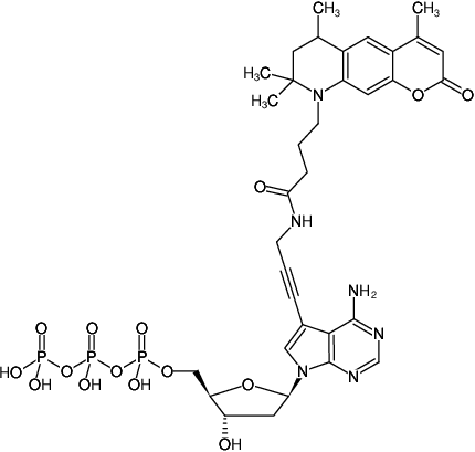 Structural formula of 7-Propargylamino-7-deaza-dATP-ATTO-390 (7-Deaza-7-propargylamino-2'-deoxyadenosine-5'-triphosphate, labeled with ATTO 390, Triethylammonium salt)