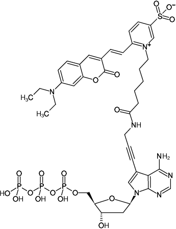 Structural formula of 7-Propargylamino-7-deaza-dATP-DY-480XL (7-Deaza-7-propargylamino-2'-deoxyadenosine-5'-triphosphate, labeled with DY 480XL, Triethylammonium salt)