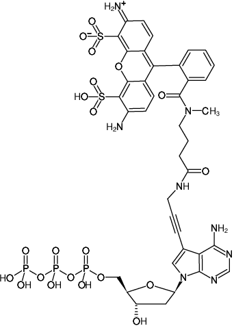 Structural formula of 7-Propargylamino-7-deaza-dATP-ATTO-488 (7-Deaza-7-propargylamino-2'-deoxyadenosine-5'-triphosphate, labeled with ATTO 488, Triethylammonium salt)