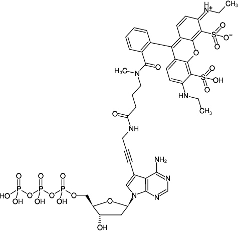 Structural formula of 7-Propargylamino-7-deaza-dATP-ATTO-532 (7-Deaza-7-propargylamino-2'-deoxyadenosine-5'-triphosphate, labeled with ATTO 532, Triethylammonium salt)