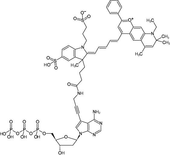 Structural formula of 7-Propargylamino-7-deaza-dATP-DY-776 (7-Deaza-7-propargylamino-2'-deoxyadenosine-5'-triphosphate, labeled with DY 776, Triethylammonium salt)