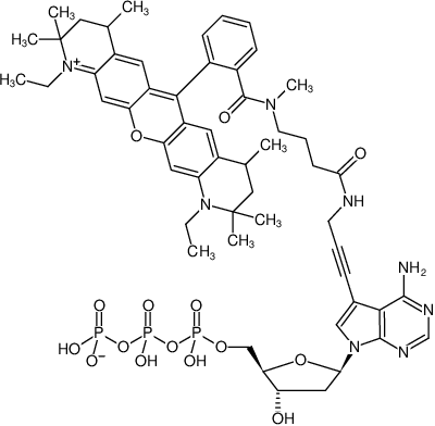 Structural formula of 7-Propargylamino-7-deaza-dATP-ATTO-Rho12 (7-Deaza-7-propargylamino-2'-deoxyadenosine-5'-triphosphate, labeled with ATTO Rho12, Triethylammonium salt)