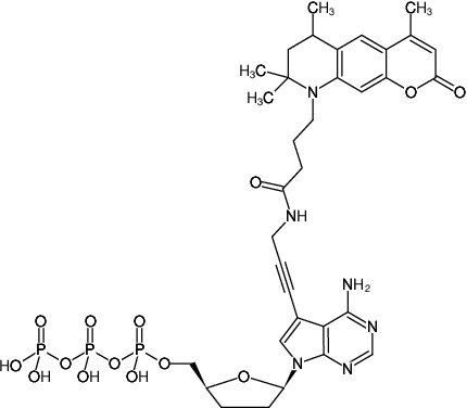 Structural formula of 7-Propargylamino-7-deaza-ddATP-ATTO-390 (7-Deaza-7-propargylamino-2',3'-dideoxyadenosine-5'-triphosphate, labeled with ATTO 390, Triethylammonium salt)