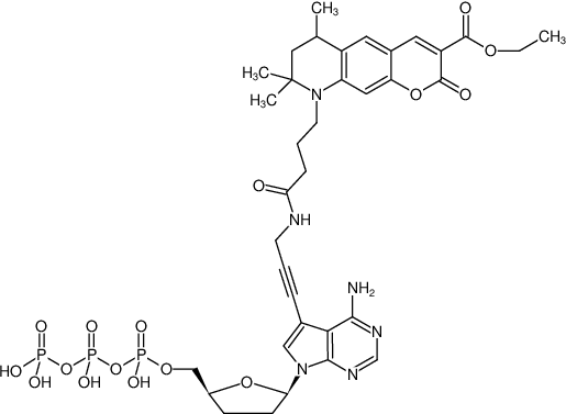 Structural formula of 7-Propargylamino-7-deaza-ddATP-ATTO-425 (7-Deaza-7-propargylamino-2',3'-dideoxyadenosine-5'-triphosphate, labeled with ATTO 425, Triethylammonium salt)