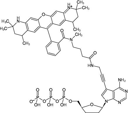 Structural formula of 7-Propargylamino-7-deaza-ddATP-ATTO-550 (7-Deaza-7-propargylamino-2',3'-dideoxyadenosine-5'-triphosphate, labeled with ATTO 550, Triethylammonium salt)