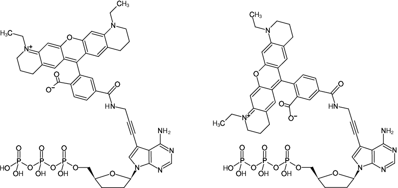 Structural formula of 7-Propargylamino-7-deaza-ddATP-ATTO-565 (7-Deaza-7-propargylamino-2',3'-dideoxyadenosine-5'-triphosphate, labeled with ATTO 565, Triethylammonium salt)