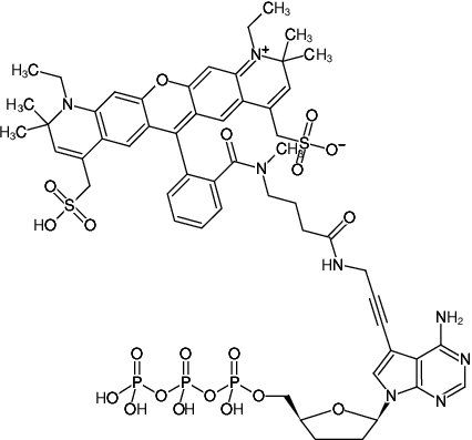 Structural formula of 7-Propargylamino-7-deaza-ddATP-ATTO-594 (7-Deaza-7-propargylamino-2',3'-dideoxyadenosine-5'-triphosphate, labeled with ATTO 594, Triethylammonium salt)