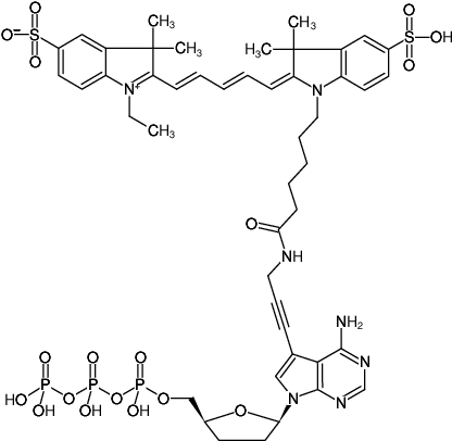 Structural formula of 7-Propargylamino-7-deaza-ddATP-Cy5 (7-Deaza-7-propargylamino-2',3'-dideoxyadenosine-5'-triphosphate, labeled with Cy5, Triethylammonium salt)