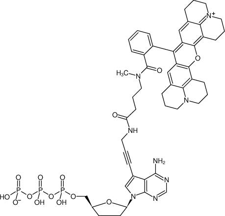 Structural formula of 7-Propargylamino-7-deaza-ddATP-ATTO-Rho101 (7-Deaza-7-propargylamino-2',3'-dideoxyadenosine-5'-triphosphate, labeled with ATTO Rho101, Triethylammonium salt)