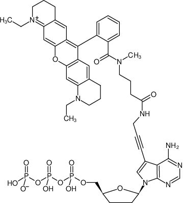 Structural formula of 7-Propargylamino-7-deaza-ddATP-ATTO-Rho11 (7-Deaza-7-propargylamino-2',3'-dideoxyadenosine-5'-triphosphate, labeled with ATTO Rho11, Triethylammonium salt)