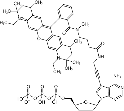 Structural formula of 7-Propargylamino-7-deaza-ddATP-ATTO-Rho12 (7-Deaza-7-propargylamino-2',3'-dideoxyadenosine-5'-triphosphate, labeled with ATTO Rho12, Triethylammonium salt)