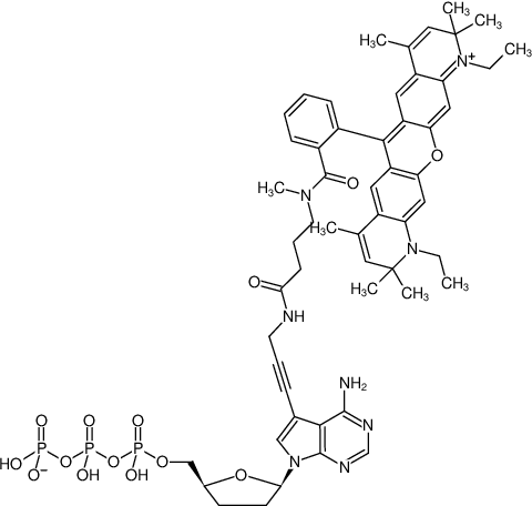 Structural formula of 7-Propargylamino-7-deaza-ddATP-ATTO-Rho13 (7-Deaza-7-propargylamino-2',3'-dideoxyadenosine-5'-triphosphate, labeled with ATTO Rho13, Triethylammonium salt)