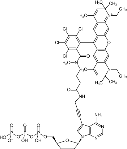 Structural formula of 7-Propargylamino-7-deaza-ddATP-ATTO-Rho14 (7-Deaza-7-propargylamino-2',3'-dideoxyadenosine-5'-triphosphate, labeled with ATTO Rho14, Triethylammonium salt)