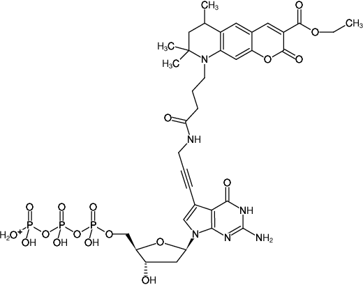 Structural formula of 7-Propargylamino-7-deaza-dGTP-ATTO-425 (7-Deaza-7-propargylamino-2'-deoxyguanosine-5'-triphosphate, labeled with ATTO 425, Triethylammonium salt)