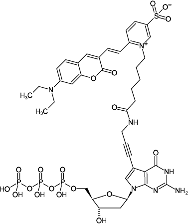 Structural formula of 7-Propargylamino-7-deaza-dGTP-DY-480XL (7-Deaza-7-propargylamino-2'-deoxyguanosine-5'-triphosphate, labeled with DY 480XL, Triethylammonium salt)