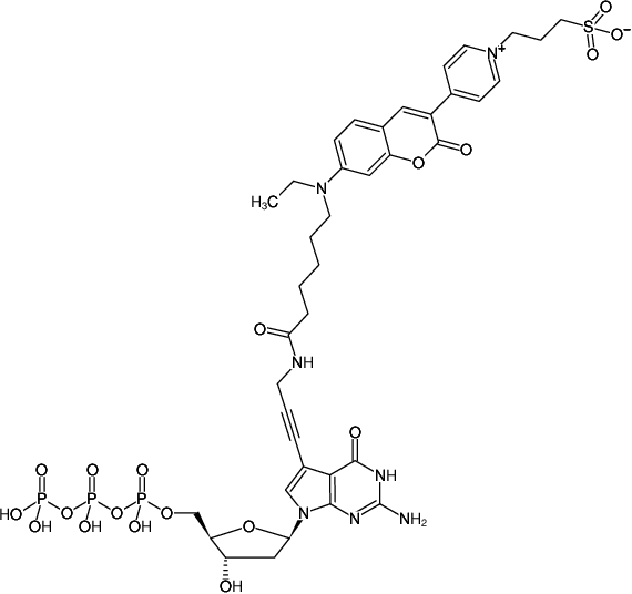 Structural formula of 7-Propargylamino-7-deaza-dGTP-DY-485XL (7-Deaza-7-propargylamino-2'-deoxyguanosine-5'-triphosphate, labeled with DY 485XL, Triethylammonium salt)