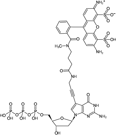 Structural formula of 7-Propargylamino-7-deaza-dGTP-ATTO-488 (7-Deaza-7-propargylamino-2'-deoxyguanosine-5'-triphosphate, labeled with ATTO 488, Triethylammonium salt)