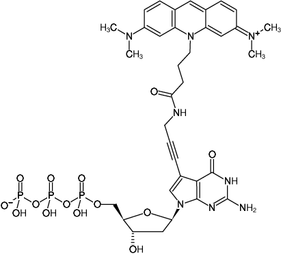 Structural formula of 7-Propargylamino-7-deaza-dGTP-ATTO-495 (7-Deaza-7-propargylamino-2'-deoxyguanosine-5'-triphosphate-, labeled with ATTO 495, Triethylammonium salt)