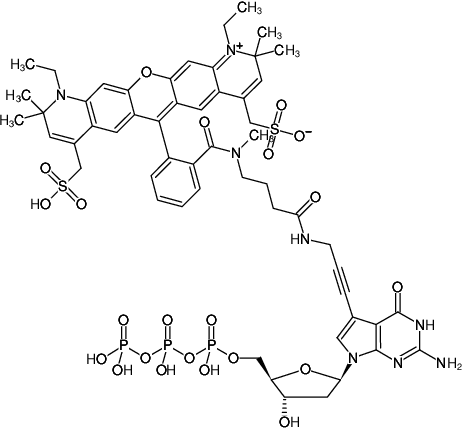 Structural formula of 7-Propargylamino-7-deaza-dGTP-ATTO-594 (7-Deaza-7-propargylamino-2'-deoxyguanosine-5'-triphosphate, labeled with ATTO 594, Triethylammonium salt)