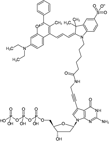 Structural formula of 7-Propargylamino-7-deaza-dGTP-DYQ-660 (7-Deaza-7-propargylamino-2'-deoxyguanosine-5'-triphosphate, labeled with DYQ 660, Triethylammonium salt)