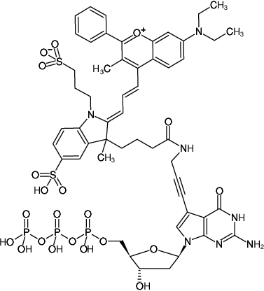 Structural formula of 7-Propargylamino-7-deaza-dGTP-DYQ-661 (7-Deaza-7-propargylamino-2'-deoxyguanosine-5'-triphosphate, labeled with DYQ 661, Triethylammonium salt)