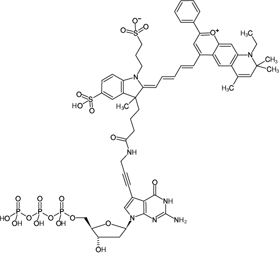 Structural formula of 7-Propargylamino-7-deaza-dGTP-DY-776 (7-Deaza-7-propargylamino-2'-deoxyguanosine-5'-triphosphate, labeled with DY 776, Triethylammonium salt)