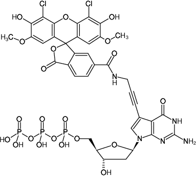 Structural formula of 7-Propargylamino-7-deaza-dGTP-6-JOE (7-Deaza-7-propargylamino-2'-deoxyguanosine-5'-triphosphate, labeled with 6-JOE, Triethylammonium salt)