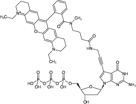 Structural formula of 7-Propargylamino-7-deaza-dGTP-ATTO-Rho11 (7-Deaza-7-propargylamino-2'-deoxyguanosine-5'-triphosphate, labeled with ATTO Rho11, Triethylammonium salt)