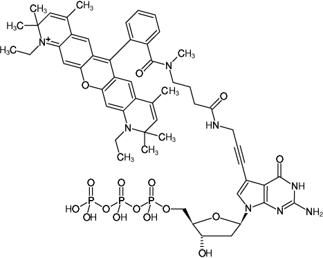 Structural formula of 7-Propargylamino-7-deaza-dGTP-ATTO-Rho13 (7-Deaza-7-propargylamino-2'-deoxyguanosine-5'-triphosphate, labeled with ATTO Rho13, Triethylammonium salt)