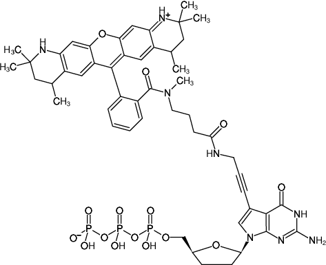 Structural formula of 7-Propargylamino-7-deaza-ddGTP-ATTO-550 (7-Deaza-7-propargylamino-2',3'-dideoxyguanosine-5'-triphosphate, labeled with ATTO 550, Triethylammonium salt)