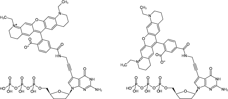 Structural formula of 7-Propargylamino-7-deaza-ddGTP-ATTO-565 (7-Deaza-7-propargylamino-2',3'-dideoxyguanosine-5'-triphosphate, labeled with ATTO 565, Triethylammonium salt)