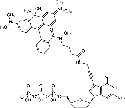 Structural formula of 7-Propargylamino-7-deaza-ddGTP-ATTO-620 (7-Deaza-7-propargylamino-2',3'-dideoxyguanosine-5'-triphosphate, labeled with ATTO 620, Triethylammonium salt)