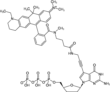 Structural formula of 7-Propargylamino-7-deaza-ddGTP-ATTO-633 (7-Deaza-7-propargylamino-2',3'-dideoxyguanosine-5'-triphosphate, labeled with ATTO 633, Triethylammonium salt)