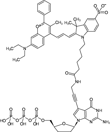 Structural formula of 7-Propargylamino-7-deaza-ddGTP-DYQ-660 (7-Deaza-7-propargylamino-2',3'-dideoxyguanosine-5'-triphosphate, labeled with DYQ 660, Triethylammonium salt)