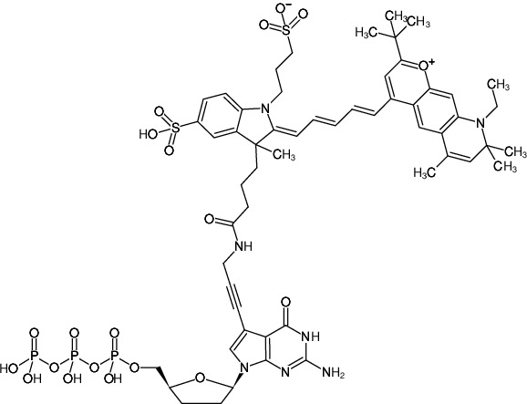 Structural formula of 7-Propargylamino-7-deaza-ddGTP-DY-751 (7-Deaza-7-propargylamino-2',3'-dideoxyguanosine-5'-triphosphate, labeled with DY 751, Triethylammonium salt)