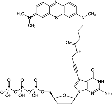 Structural formula of 7-Propargylamino-7-deaza-ddGTP-ATTO-MB2 (7-Deaza-7-propargylamino-2',3'-dideoxyguanosine-5'-triphosphate, labeled with ATTO-MB2, Triethylammonium salt)