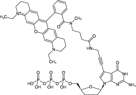 Structural formula of 7-Propargylamino-7-deaza-ddGTP-ATTO-Rho11 (7-Deaza-7-propargylamino-2',3'-dideoxyguanosine-5'-triphosphate, labeled with ATTO Rho11, Triethylammonium salt)