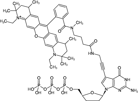 Structural formula of 7-Propargylamino-7-deaza-ddGTP-ATTO-Rho12 (7-Deaza-7-propargylamino-2',3'-dideoxyguanosine-5'-triphosphate, labeled with ATTO Rho12, Triethylammonium salt)