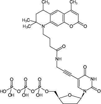 Structural formula of 5-Propargylamino-ddUTP-ATTO-390 (5-Propargylamino-2',3'-dideoxyuridine-5'-triphosphate, labeled with ATTO 390, Triethylammonium salt)