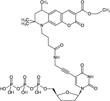 Structural formula of 5-Propargylamino-ddUTP-ATTO-425 (5-Propargylamino-2',3'-dideoxyuridine-5'-triphosphate, labeled with ATTO 425, Triethylammonium salt)