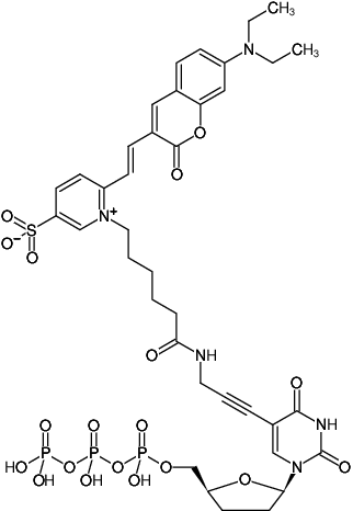 Structural formula of 5-Propargylamino-ddUTP-DY-480XL (5-Propargylamino-2',3'-dideoxyuridine-5'-triphosphate, labeled with DY 480XL, Triethylammonium salt)