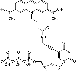 Structural formula of 5-Propargylamino-ddUTP-ATTO-495 (5-Propargylamino-2',3'-dideoxyuridine-5'-triphosphate, labeled with ATTO 495, Triethylammonium salt)